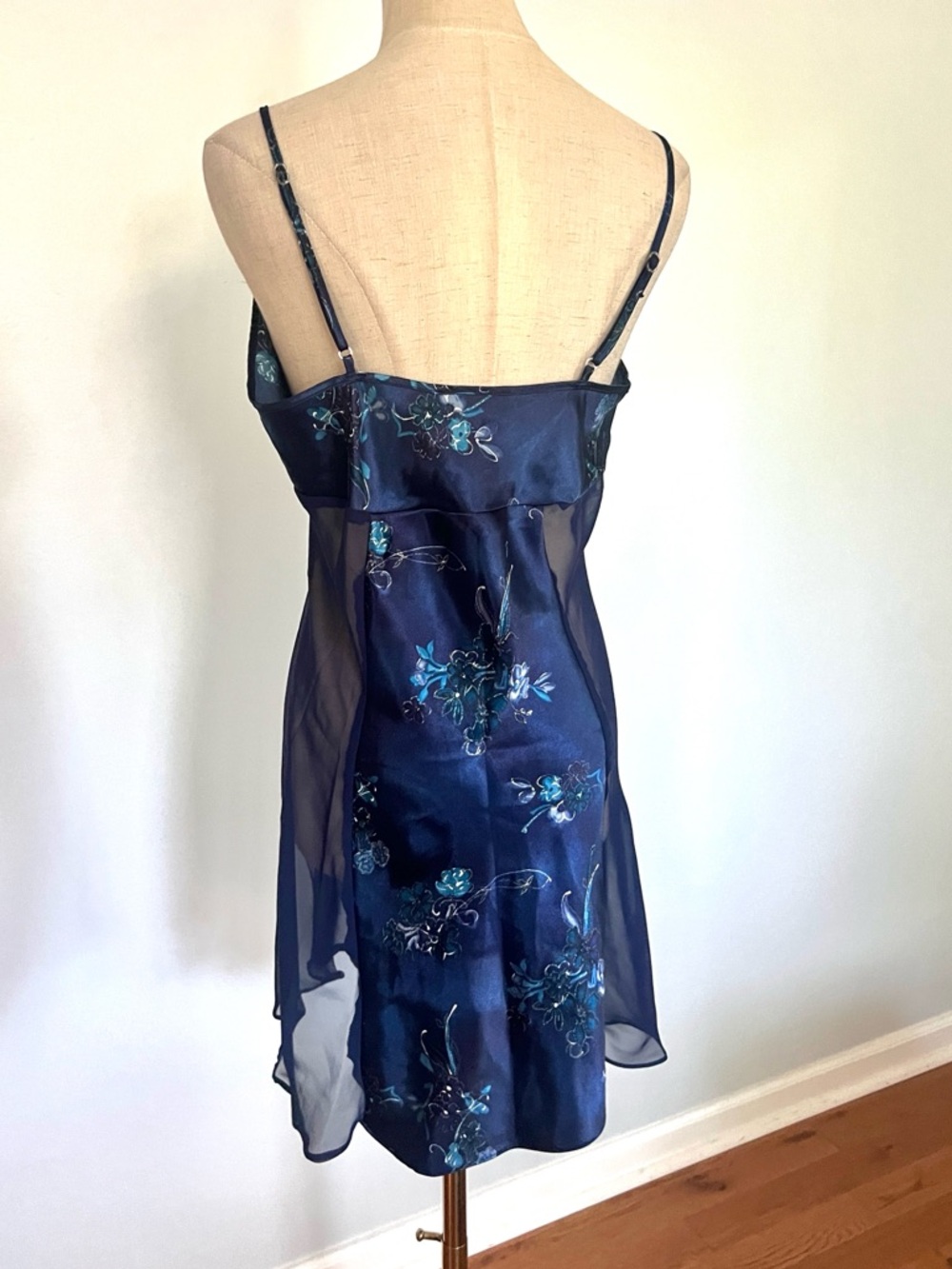 VTG/Y2K Cinema Etoile Sheer Slip Dress Navy Blue Floral Satin Coquette Size L - Picture 3 of 9